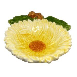 Hand-Painted Ceramic Sunflower Trinket Candy Bowl Leaf Detail & Raised Center Vi